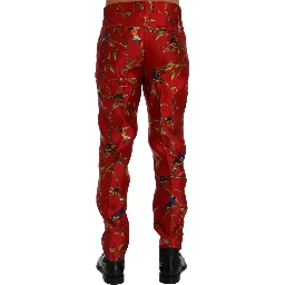 Red Silk Bird Print Dress Pants