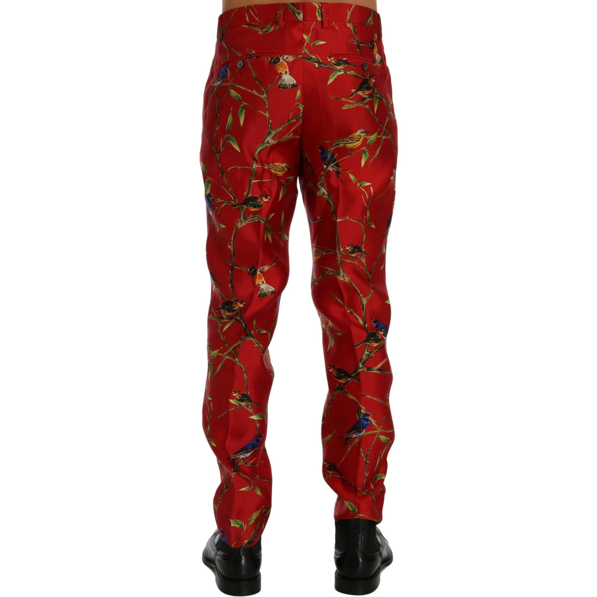 Red Silk Bird Print Dress Pants