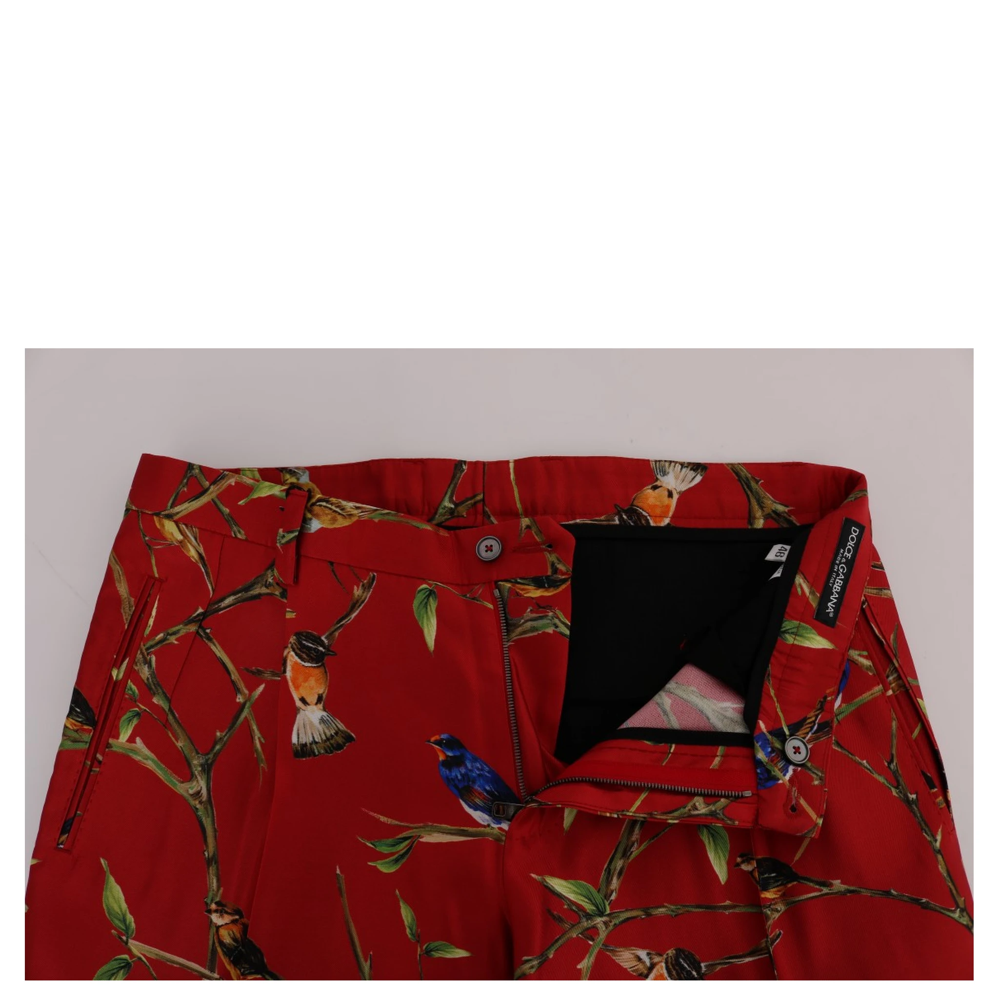 Red Silk Bird Print Dress Pants