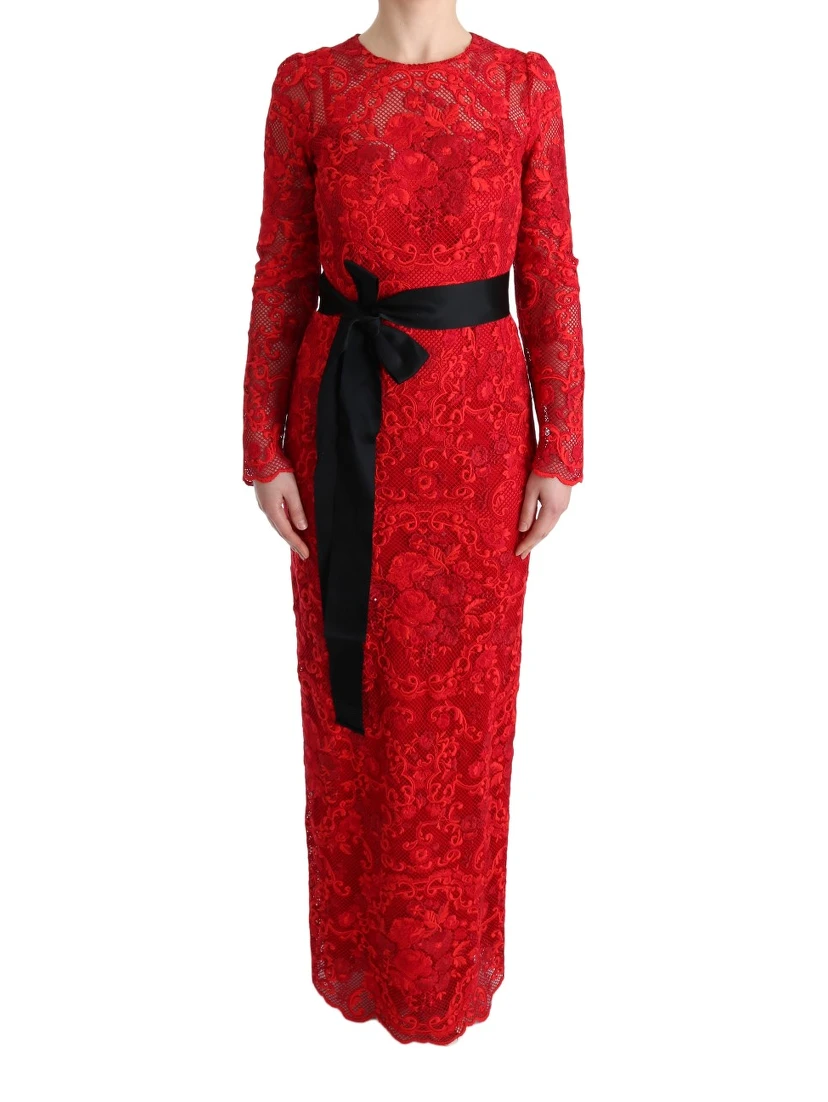 Red Floral Ricamo Sheath Long Dress