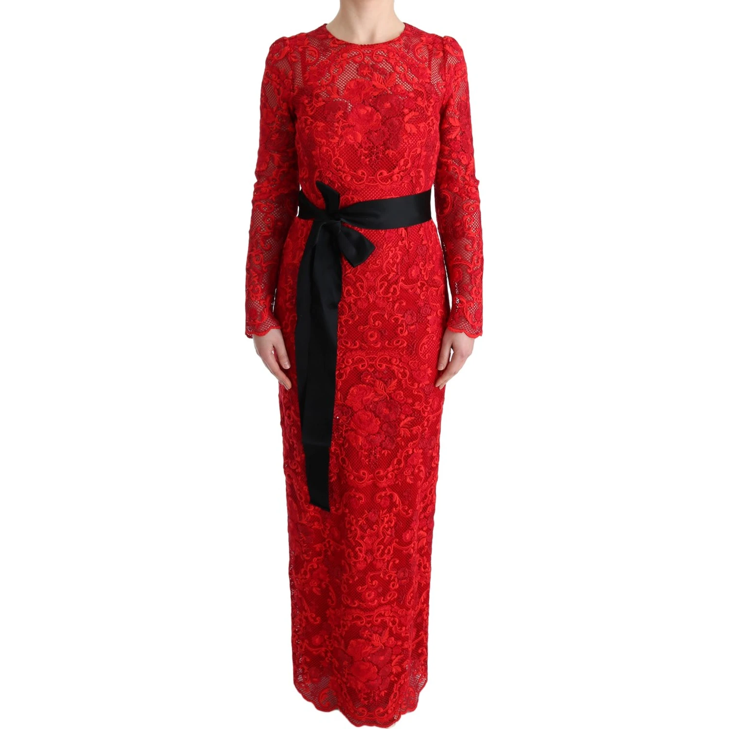 Red Floral Ricamo Sheath Long Dress