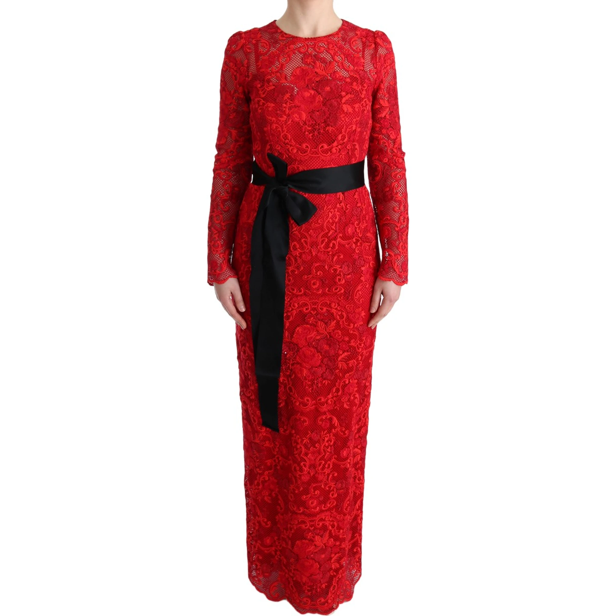 Red Floral Ricamo Sheath Long Dress