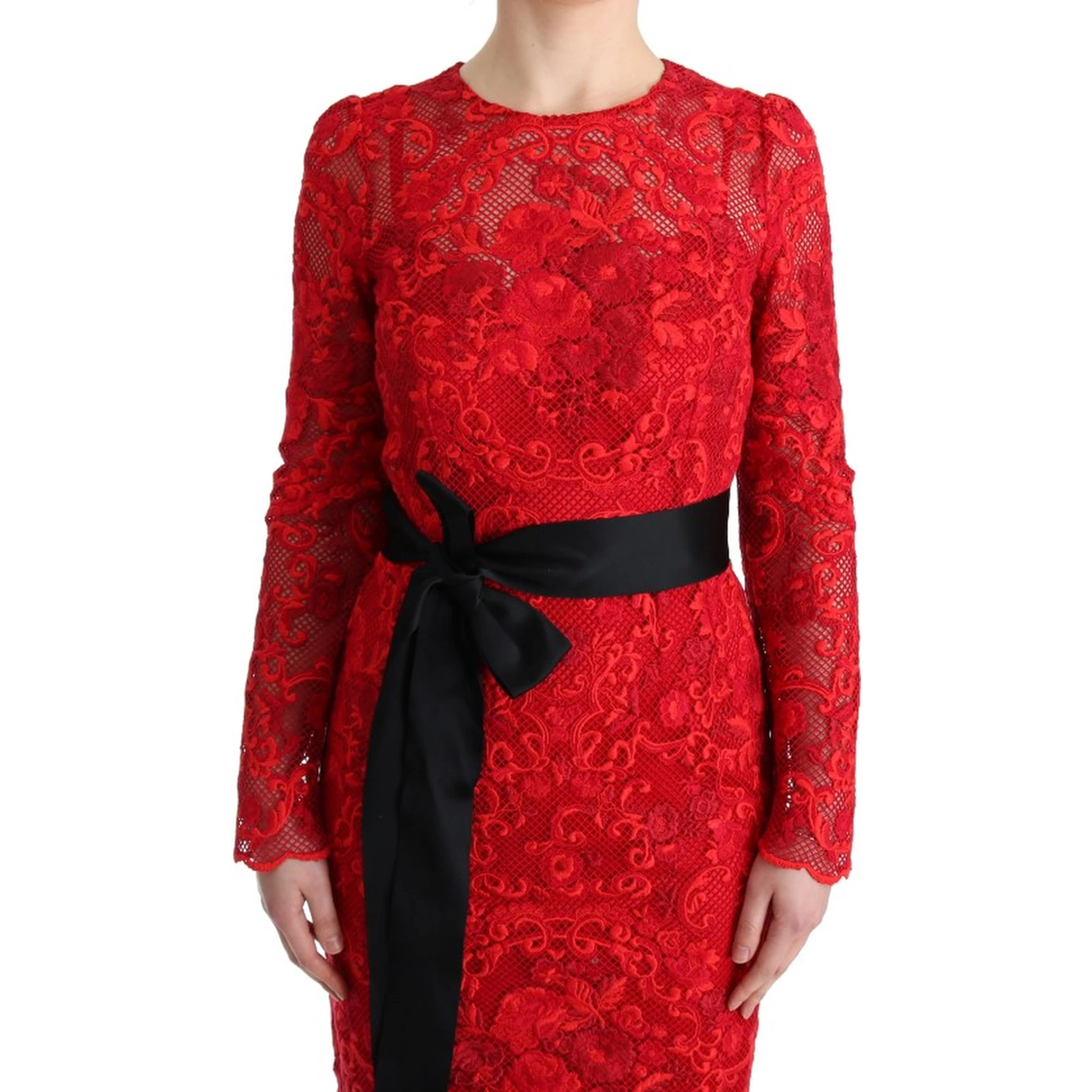 Red Floral Ricamo Sheath Long Dress