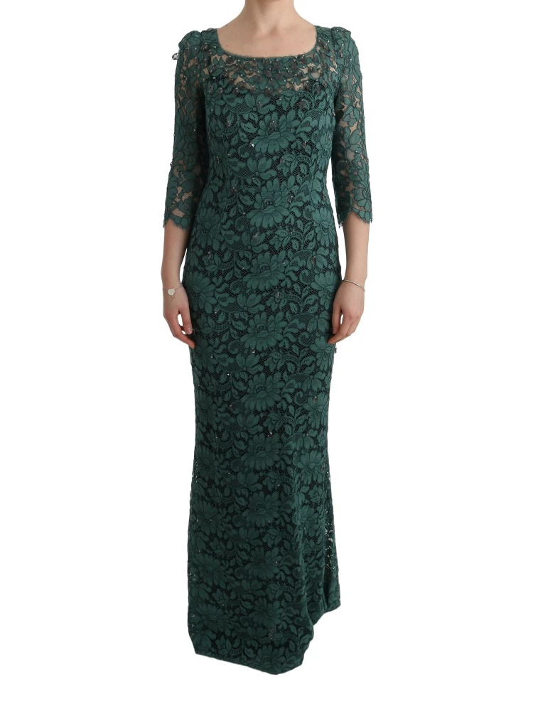 Green Floral Crystal Ricamo Sheath Dress