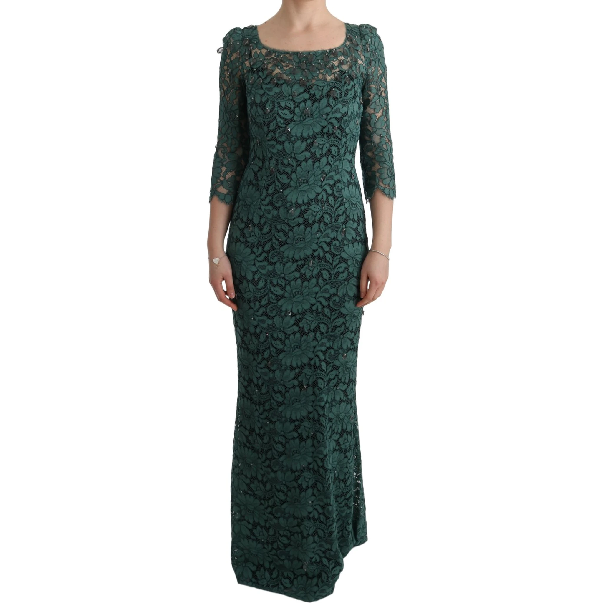 Green Floral Crystal Ricamo Sheath Dress