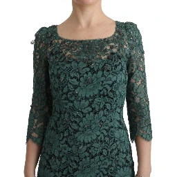 Green Floral Crystal Ricamo Sheath Dress