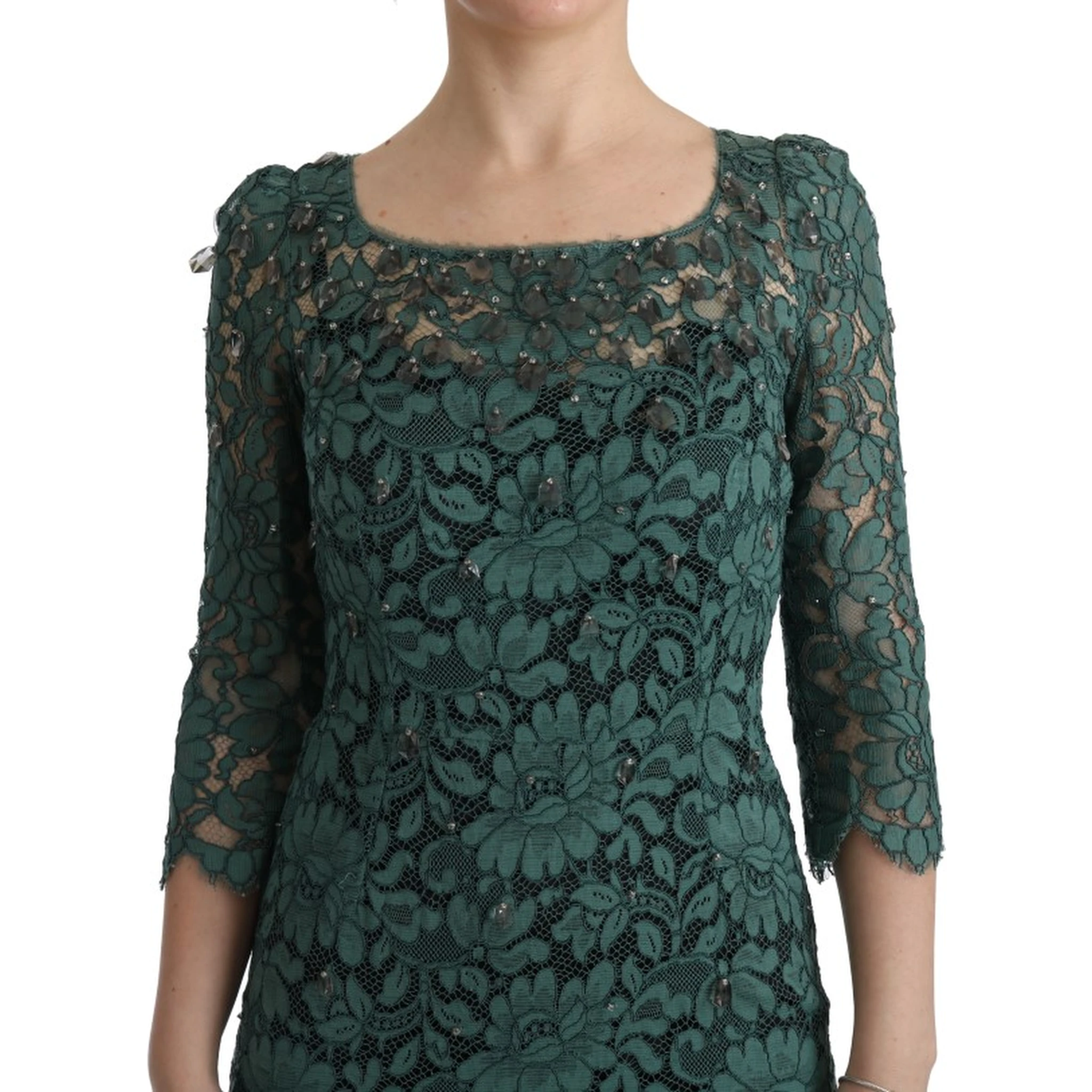 Green Floral Crystal Ricamo Sheath Dress