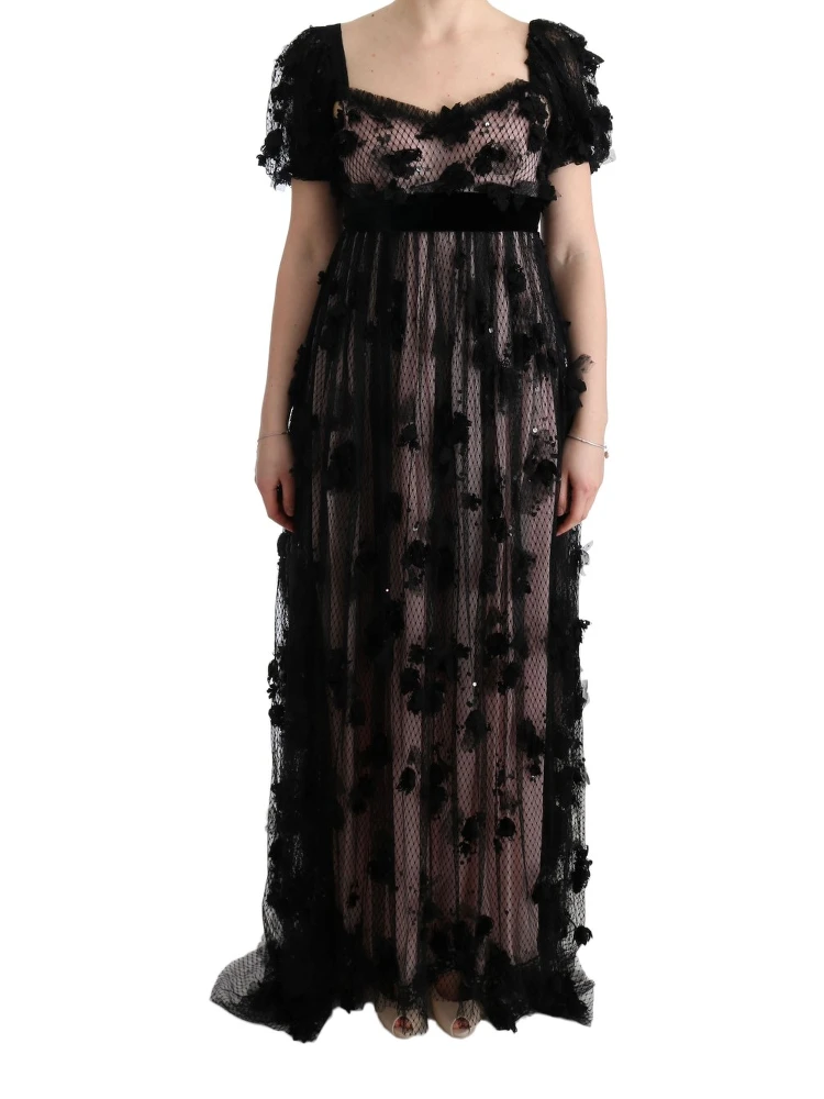 Black Pink Silk Applique Shift Dress