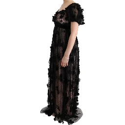 Black Pink Silk Applique Shift Dress