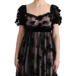 Black Pink Silk Applique Shift Dress