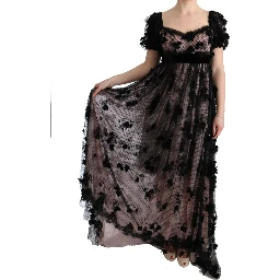 Black Pink Silk Applique Shift Dress