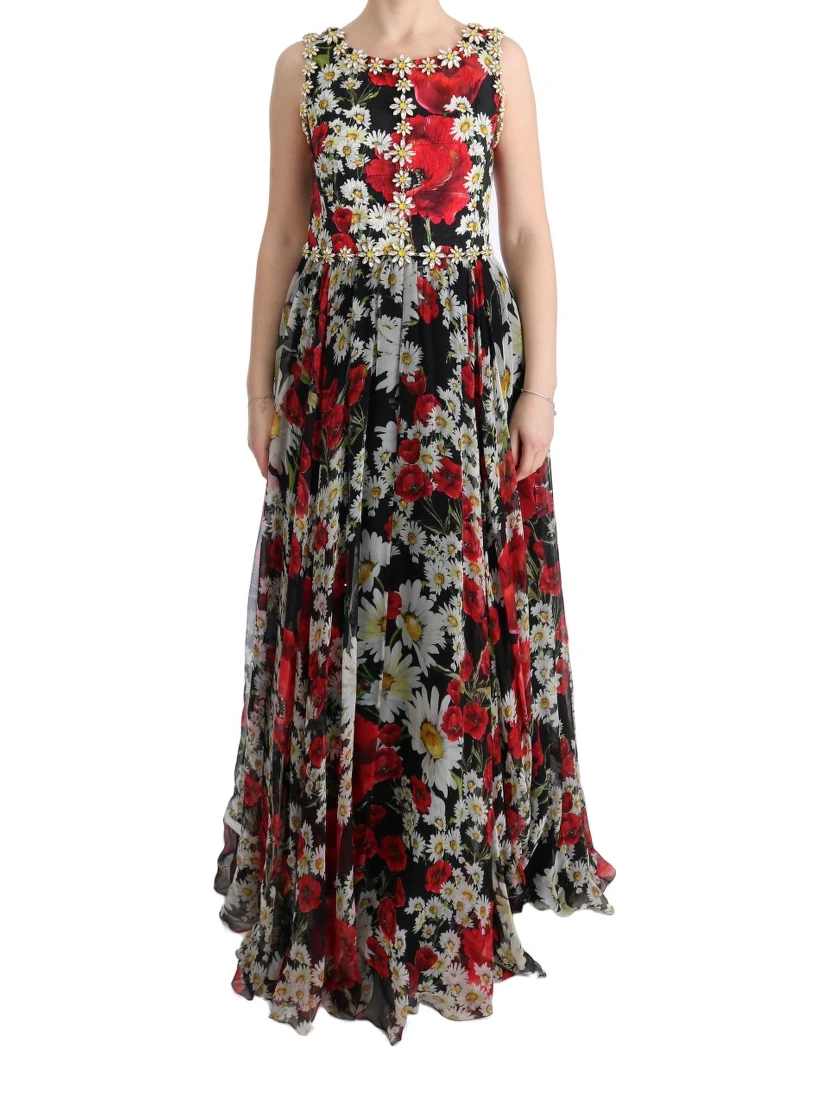 Multicolor Silk Floral Crystal Long Maxi Dress