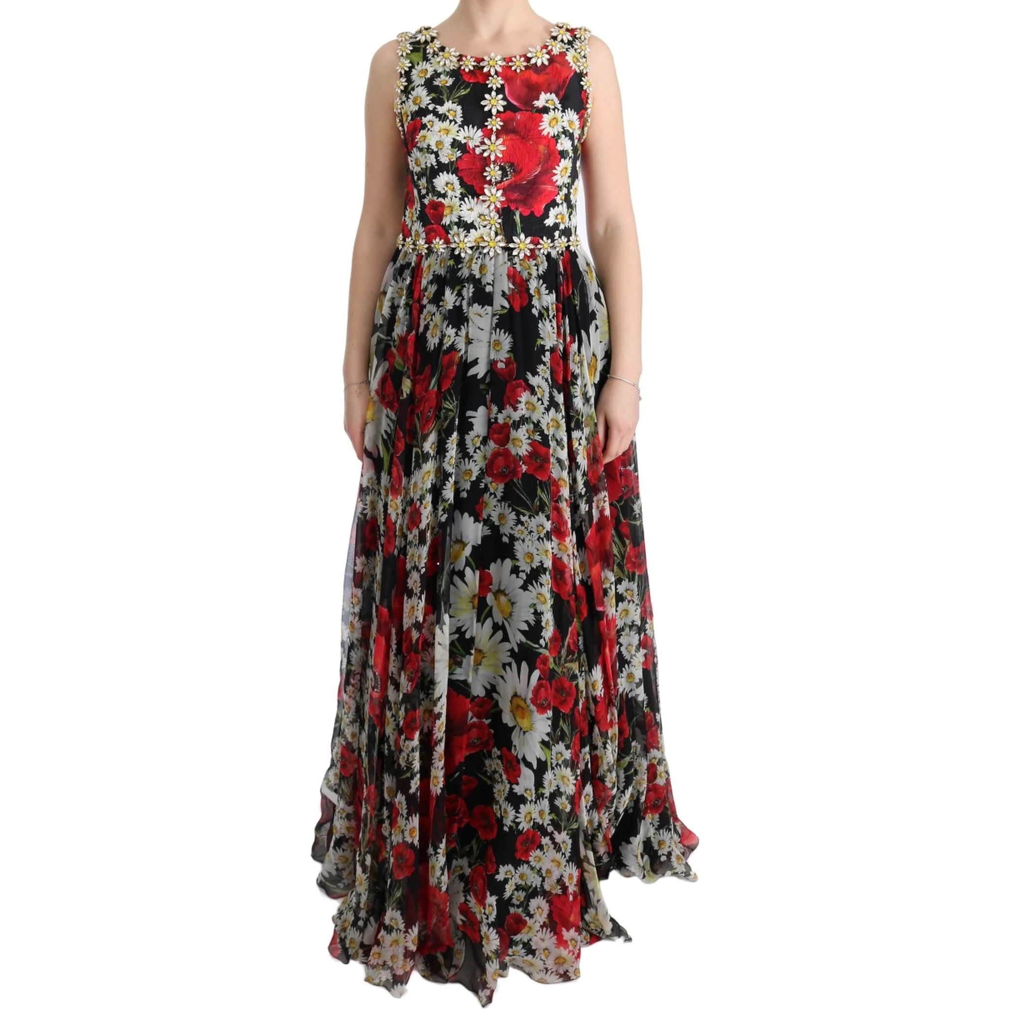 Multicolor Silk Floral Crystal Long Maxi Dress