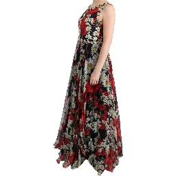 Multicolor Silk Floral Crystal Long Maxi Dress
