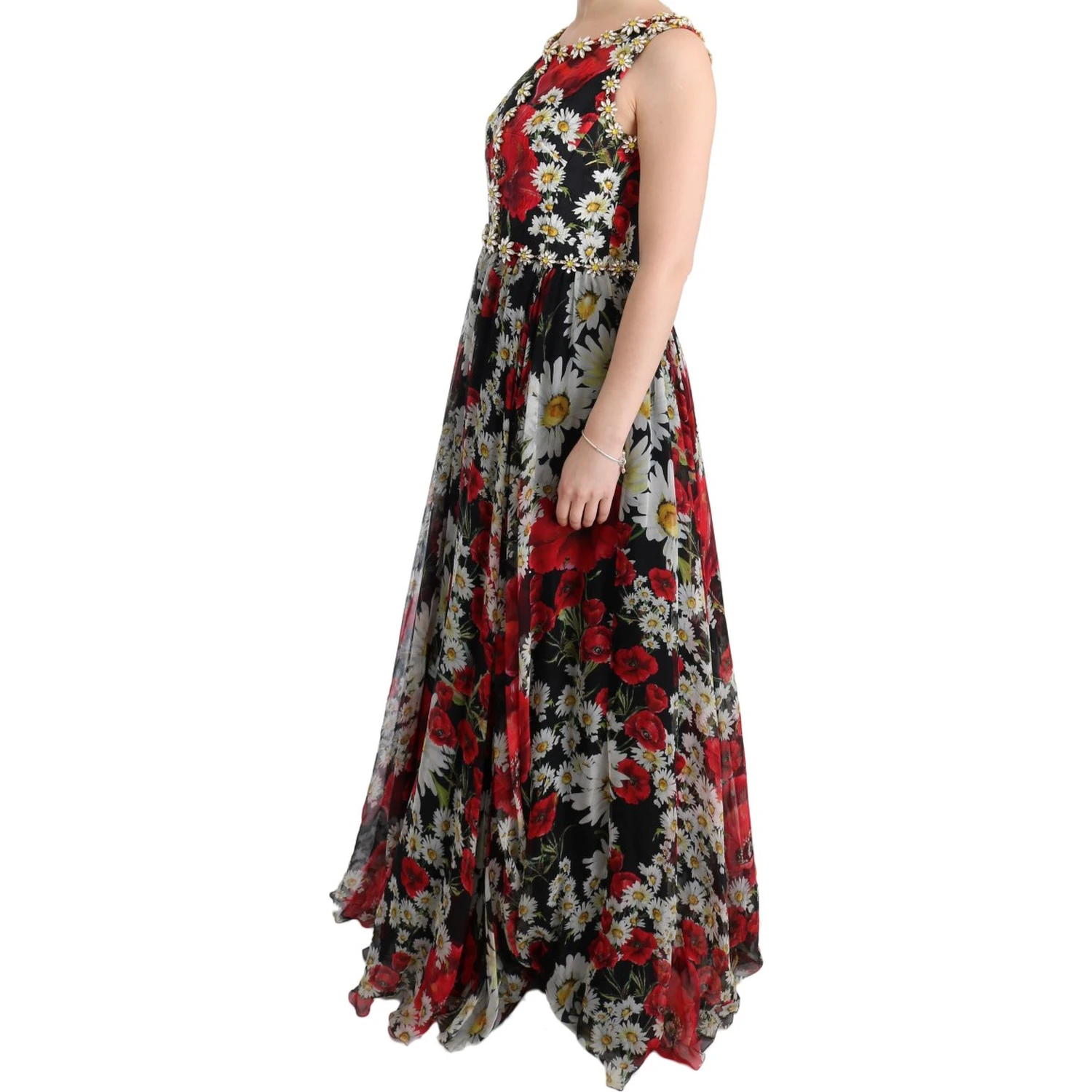 Multicolor Silk Floral Crystal Long Maxi Dress