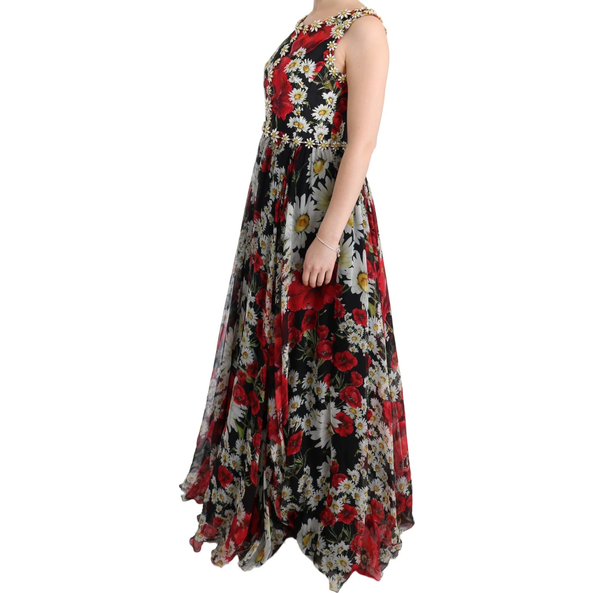 Multicolor Silk Floral Crystal Long Maxi Dress