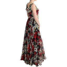 Multicolor Silk Floral Crystal Long Maxi Dress