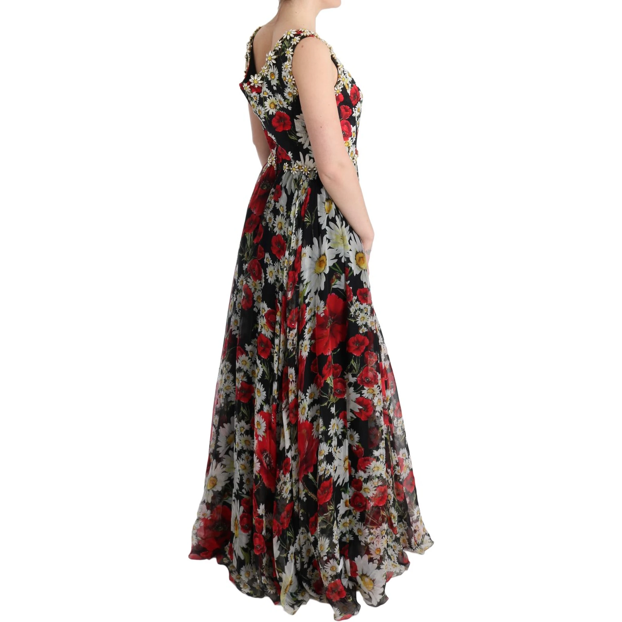 Multicolor Silk Floral Crystal Long Maxi Dress