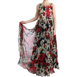 Multicolor Silk Floral Crystal Long Maxi Dress