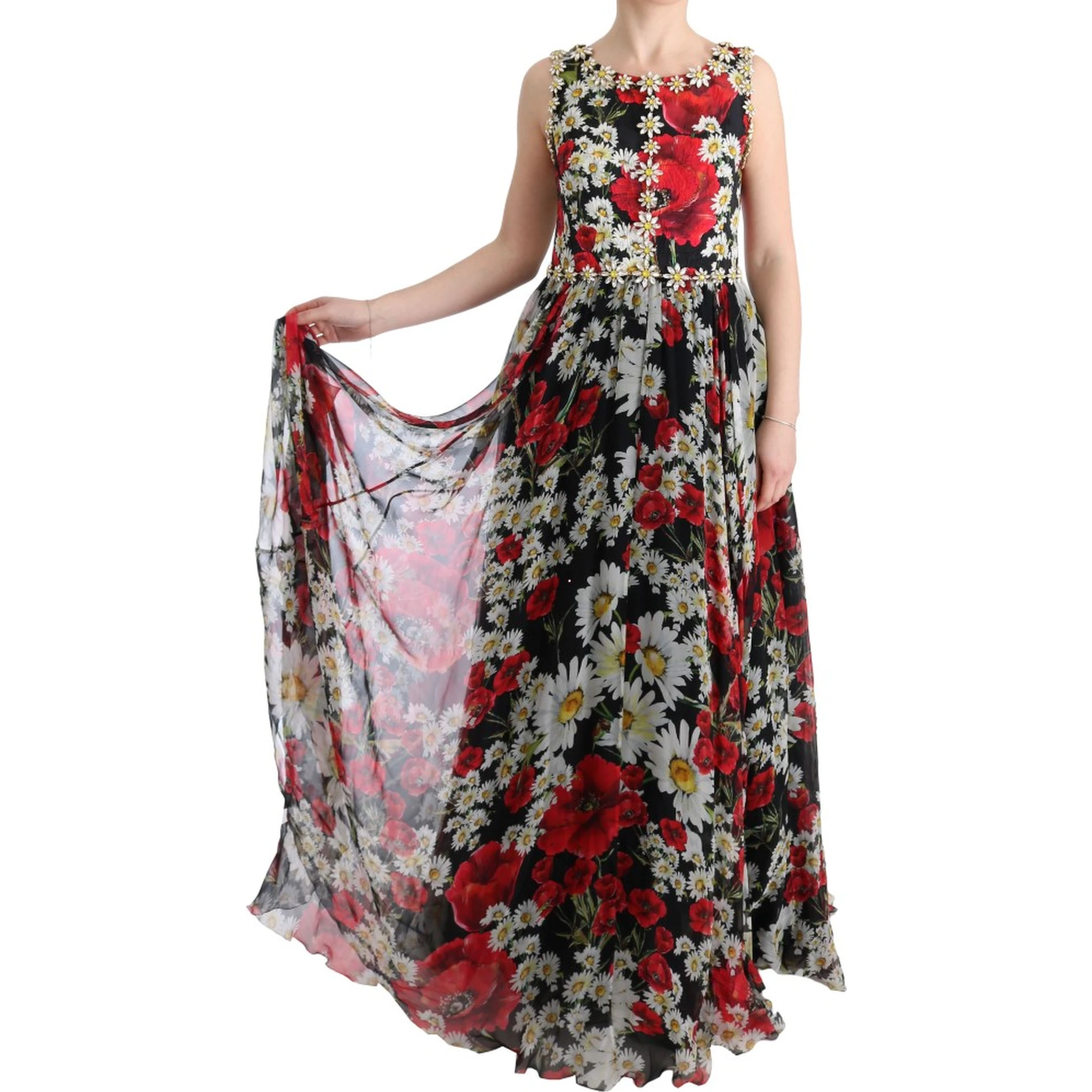 Multicolor Silk Floral Crystal Long Maxi Dress