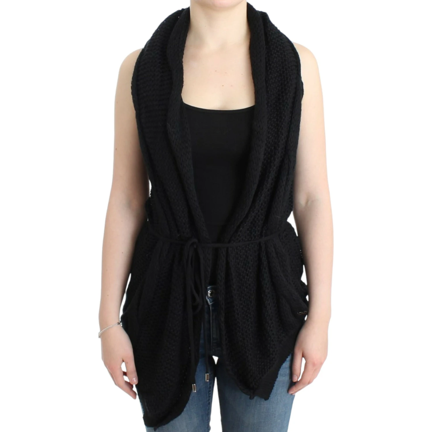 Chic Sleeveless Knitted Vest Cardigan In Black