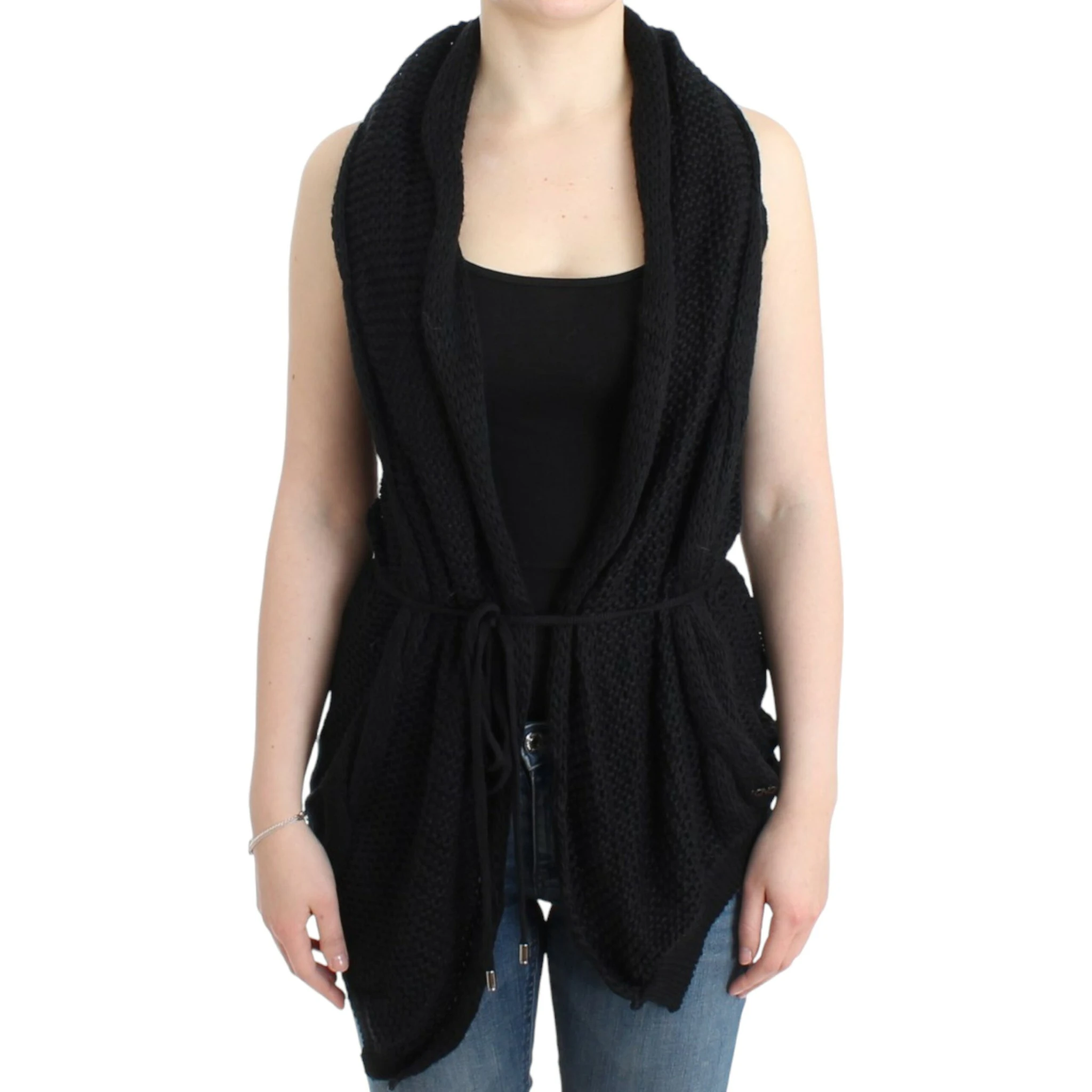 Chic Sleeveless Knitted Vest Cardigan In Black
