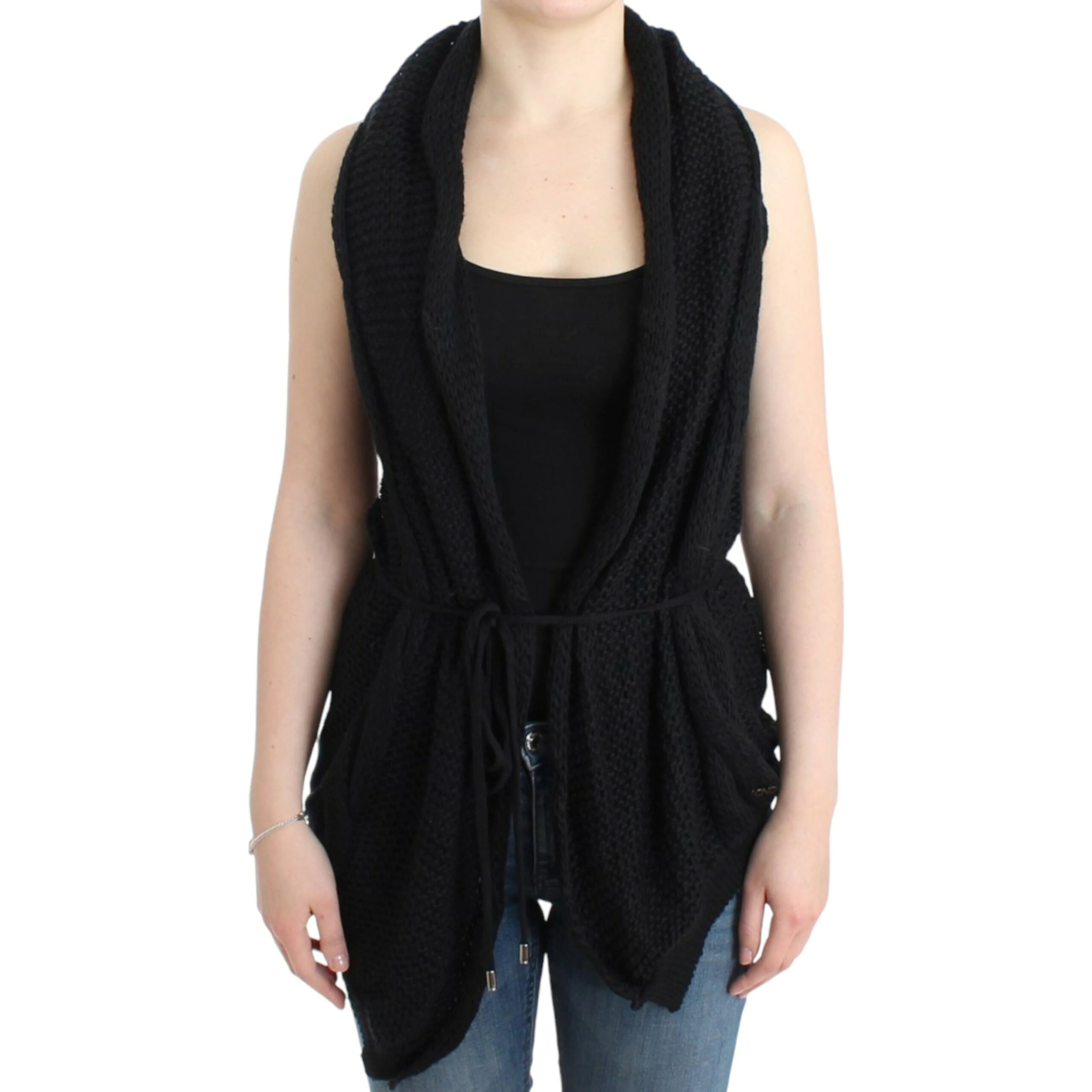 Chic Sleeveless Knitted Vest Cardigan In Black