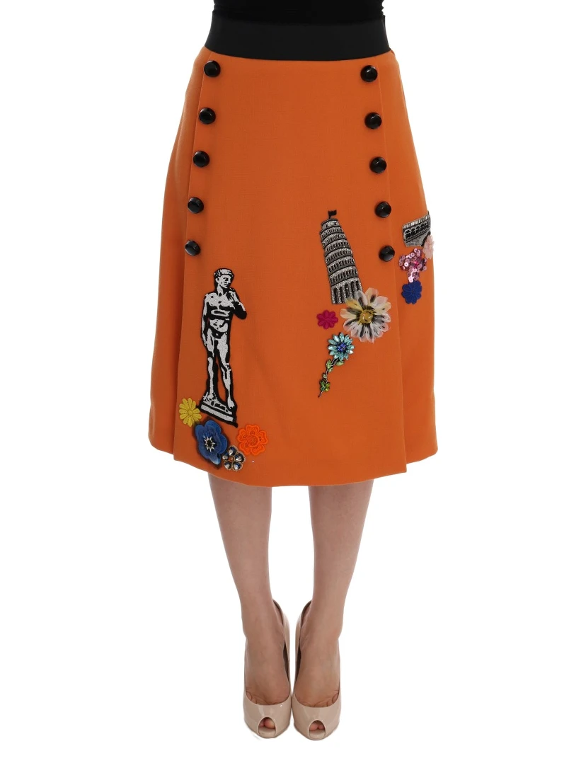 Orange Wool Crystal Sequin Appliques Skirt