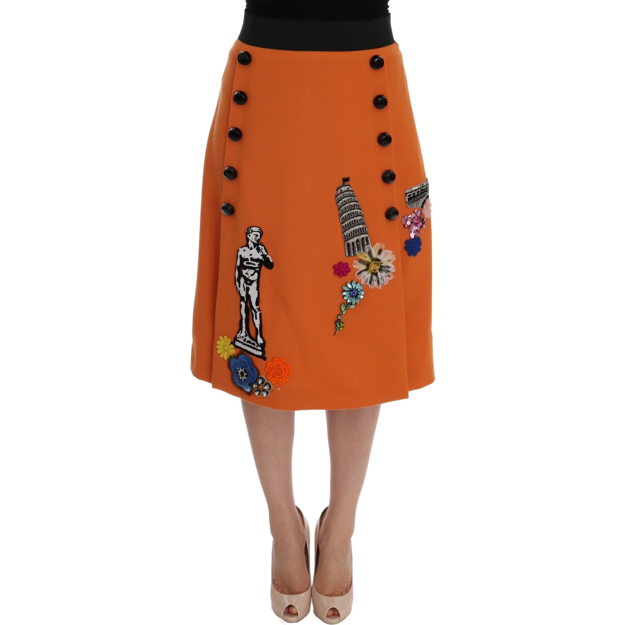Orange Wool Crystal Sequin Appliques Skirt