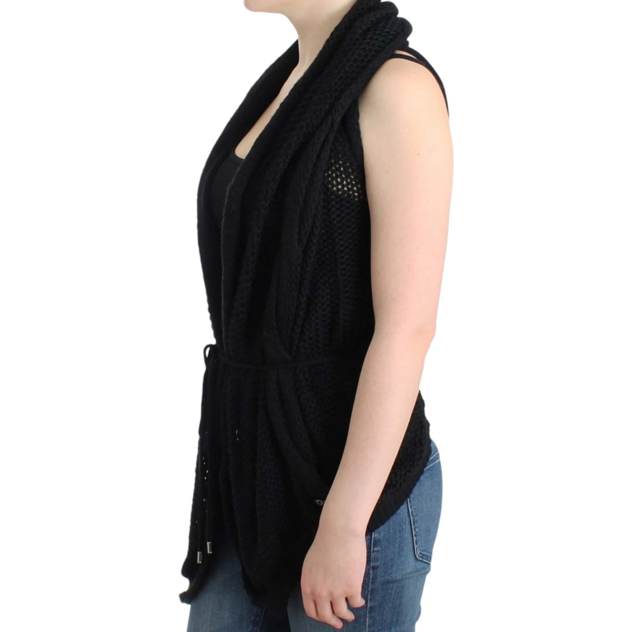 Chic Sleeveless Knitted Vest Cardigan In Black