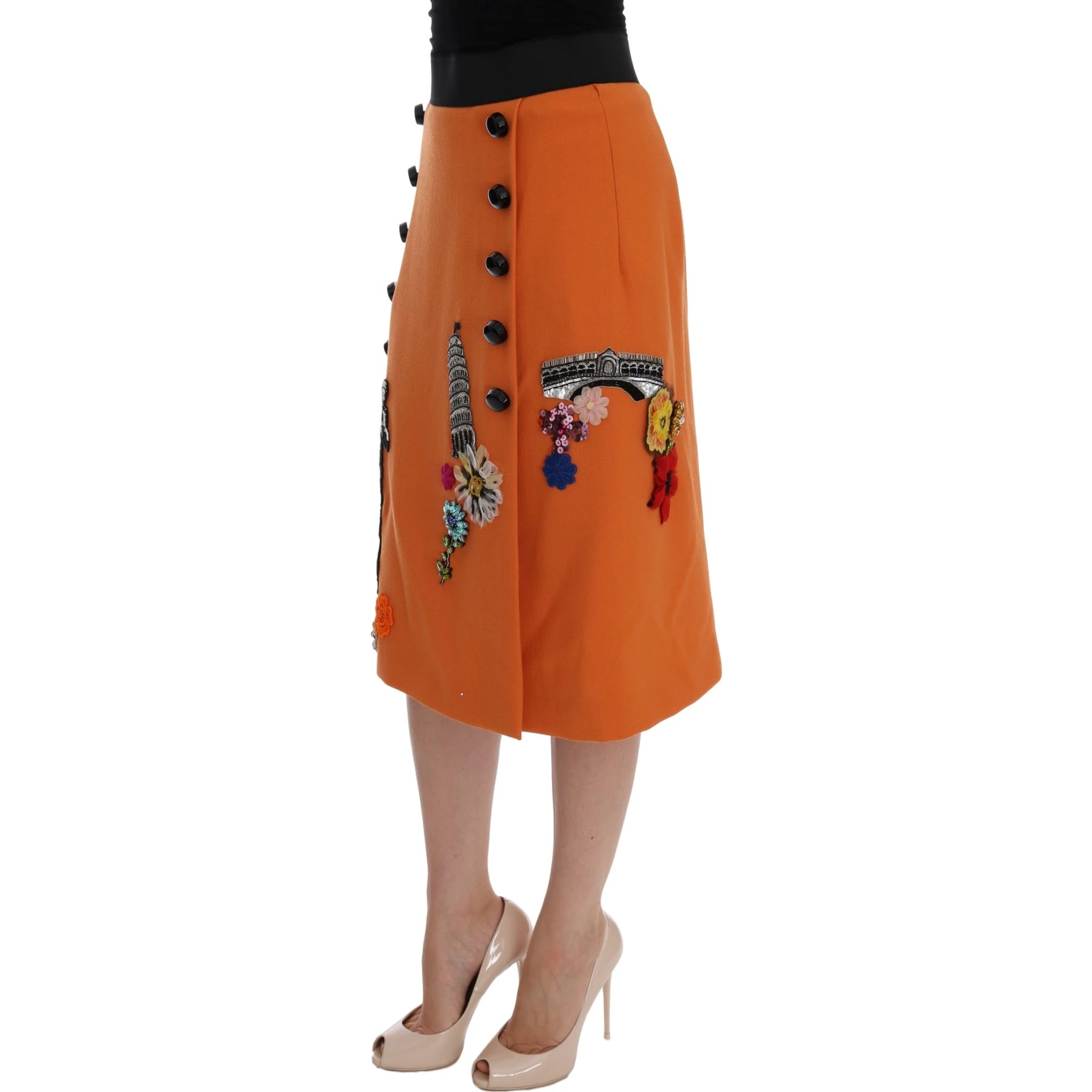 Orange Wool Crystal Sequin Appliques Skirt