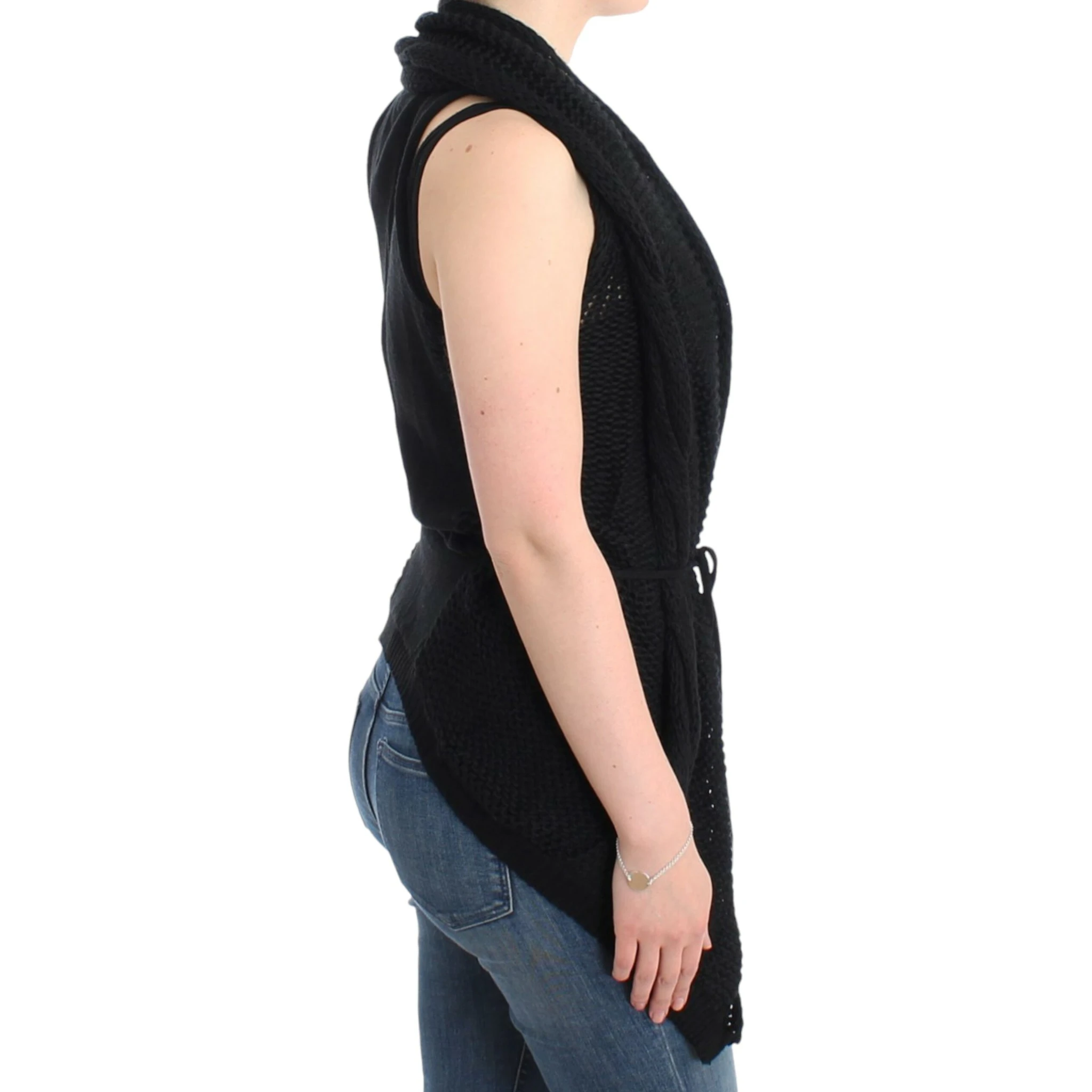 Chic Sleeveless Knitted Vest Cardigan In Black