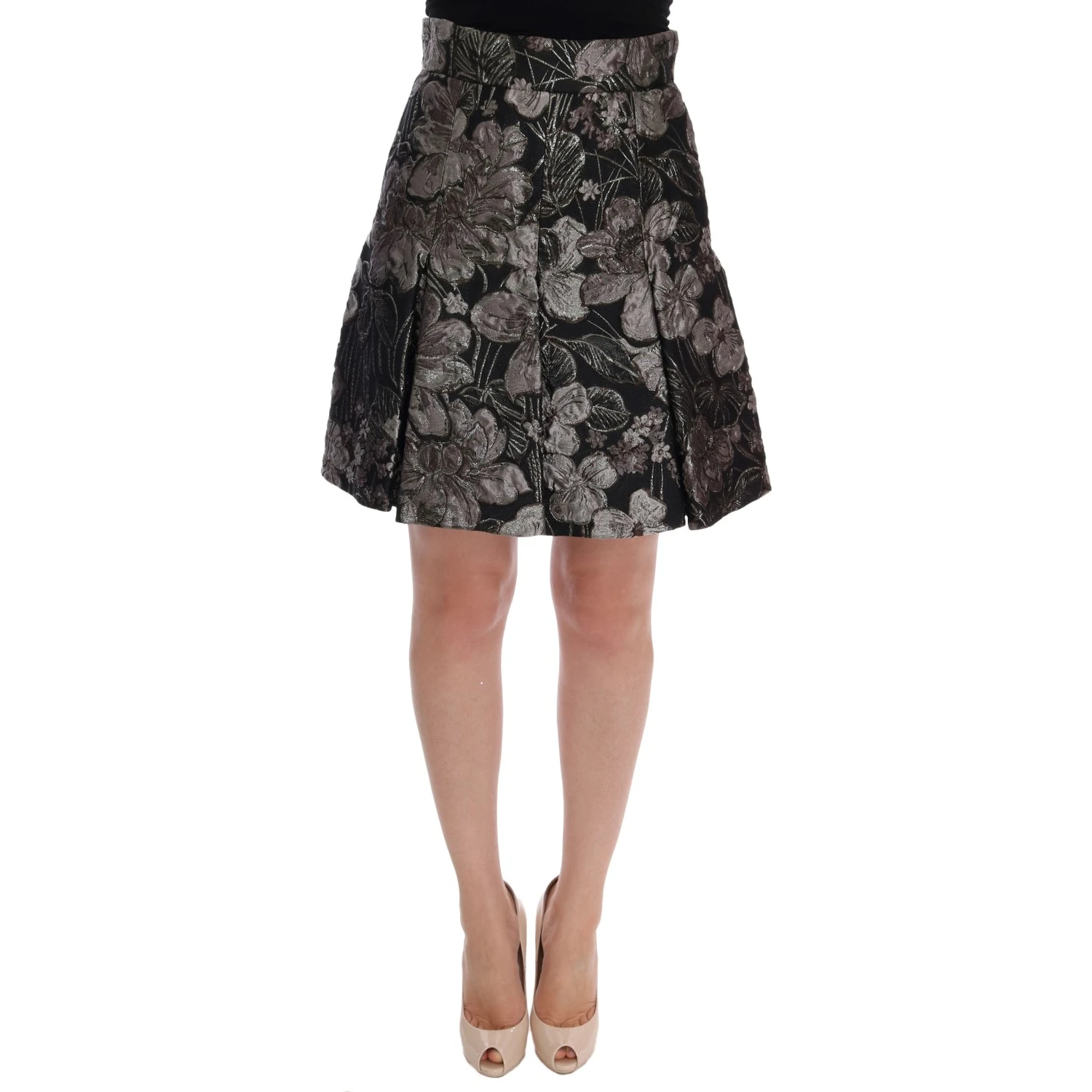 Black Silver Brocade Floral Skirt