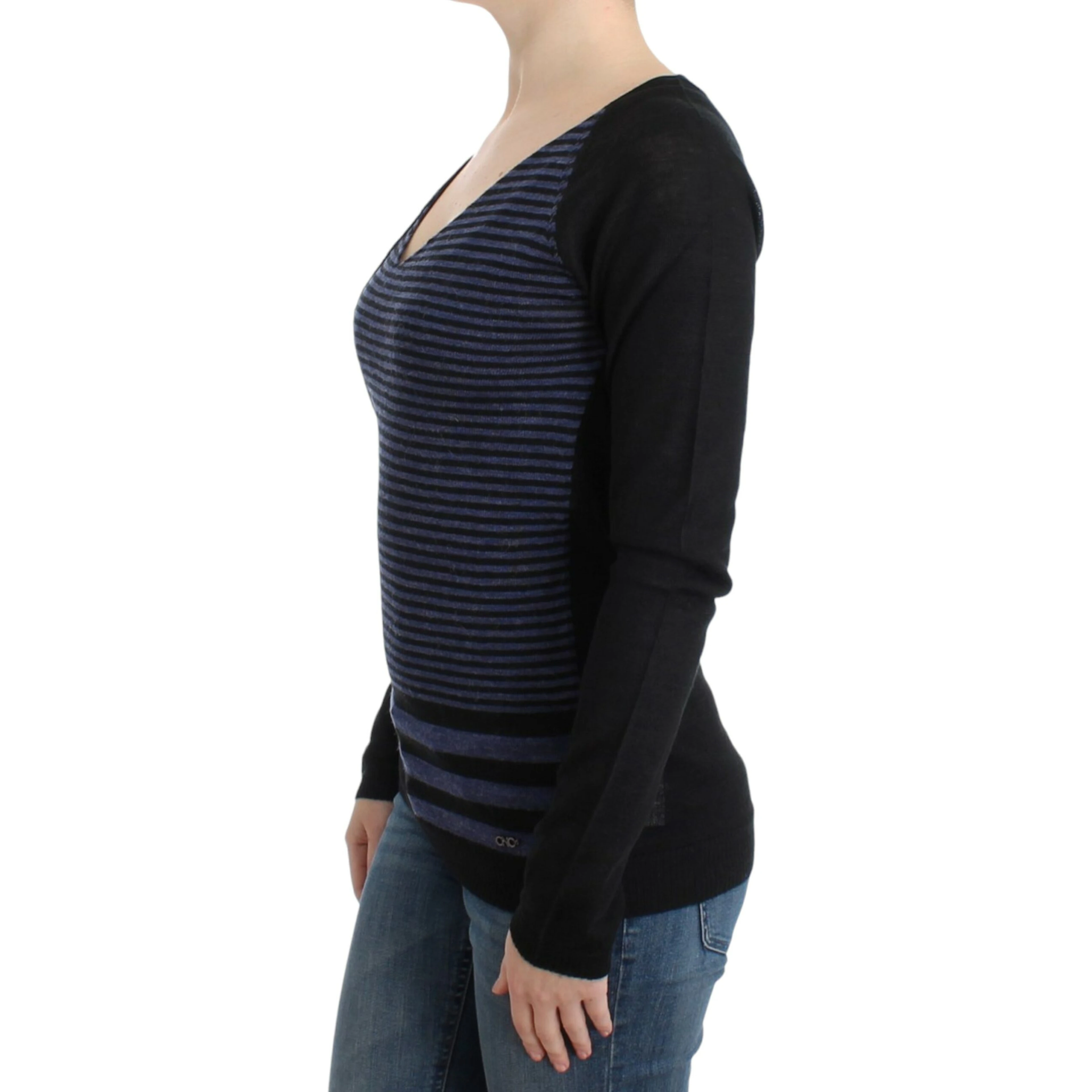 Striped V-neck Women's Sweater In Black