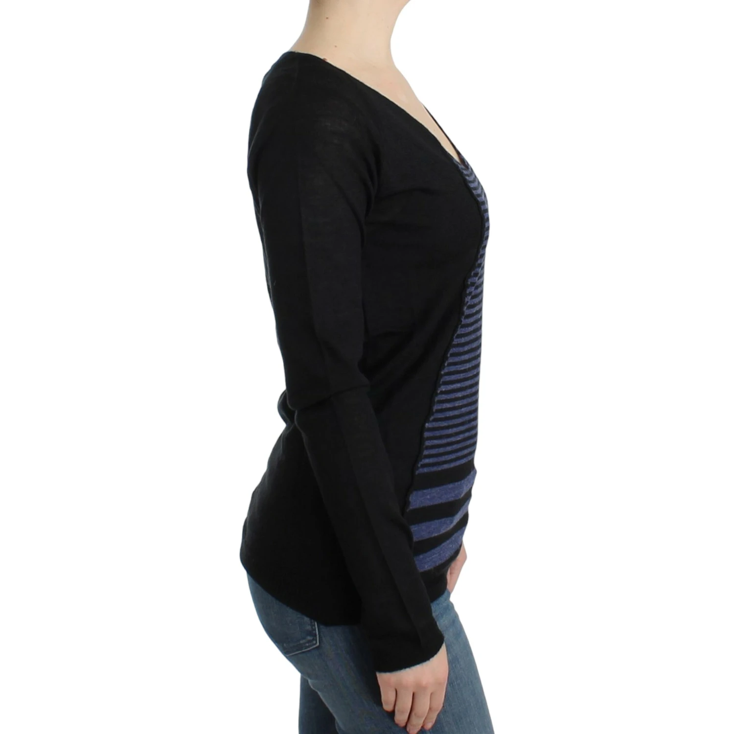 Striped V-neck Women's Sweater In Black
