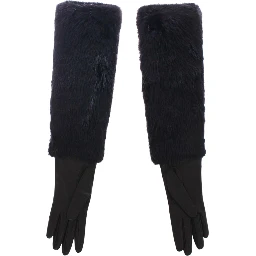 Black Beaver Fur Lambskin Leather Elbow Gloves