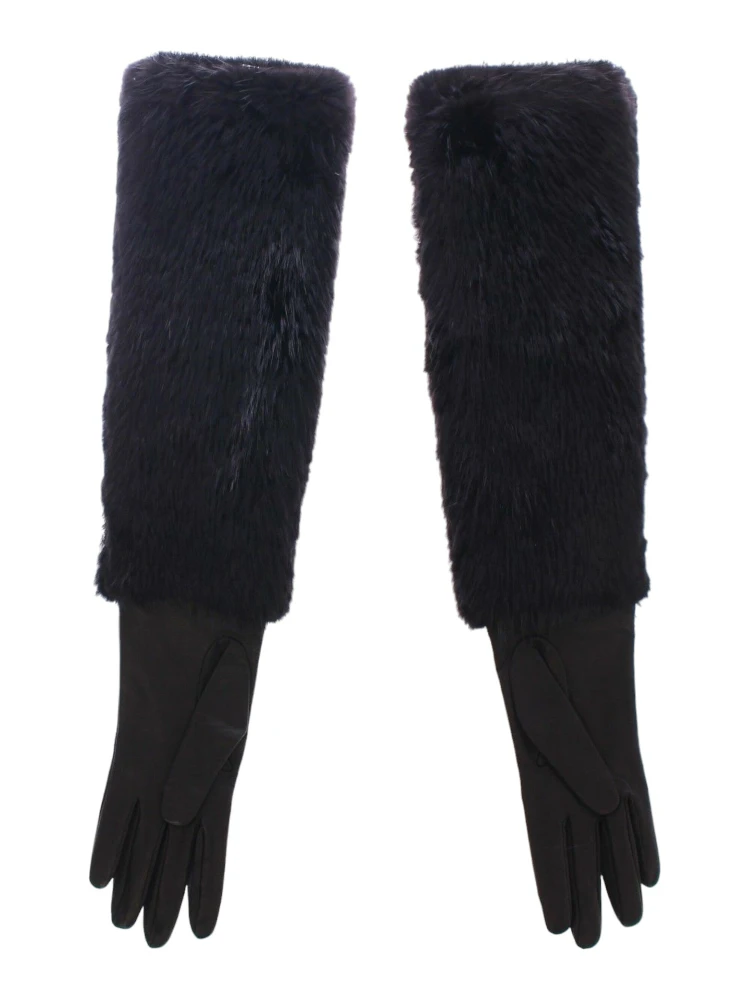 Black Beaver Fur Lambskin Leather Elbow Gloves