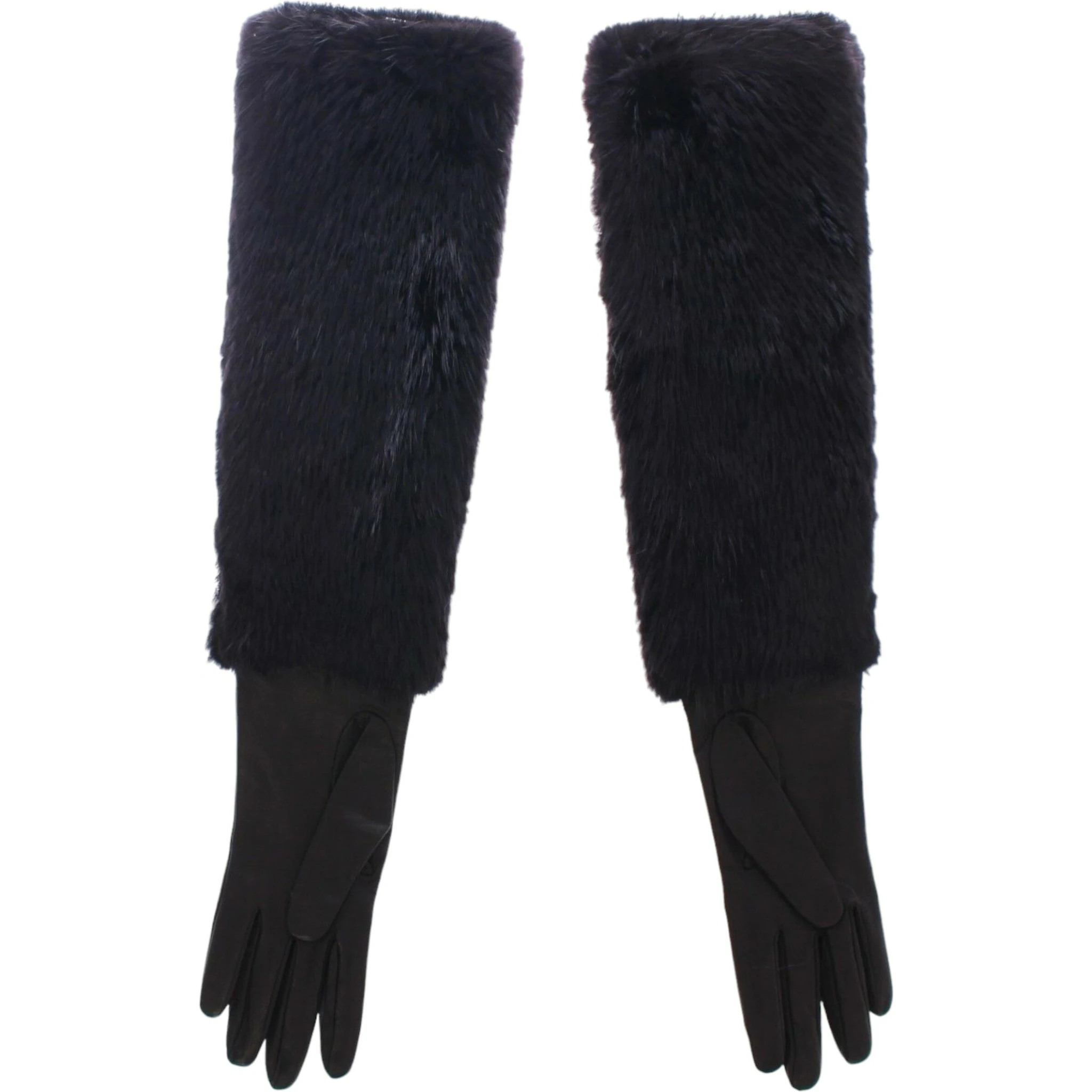 Black Beaver Fur Lambskin Leather Elbow Gloves