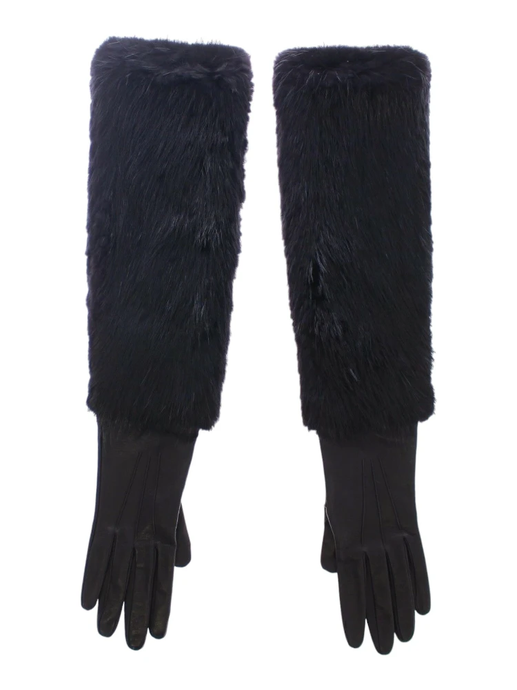 Black Beaver Fur Lambskin Leather Elbow Gloves alternative