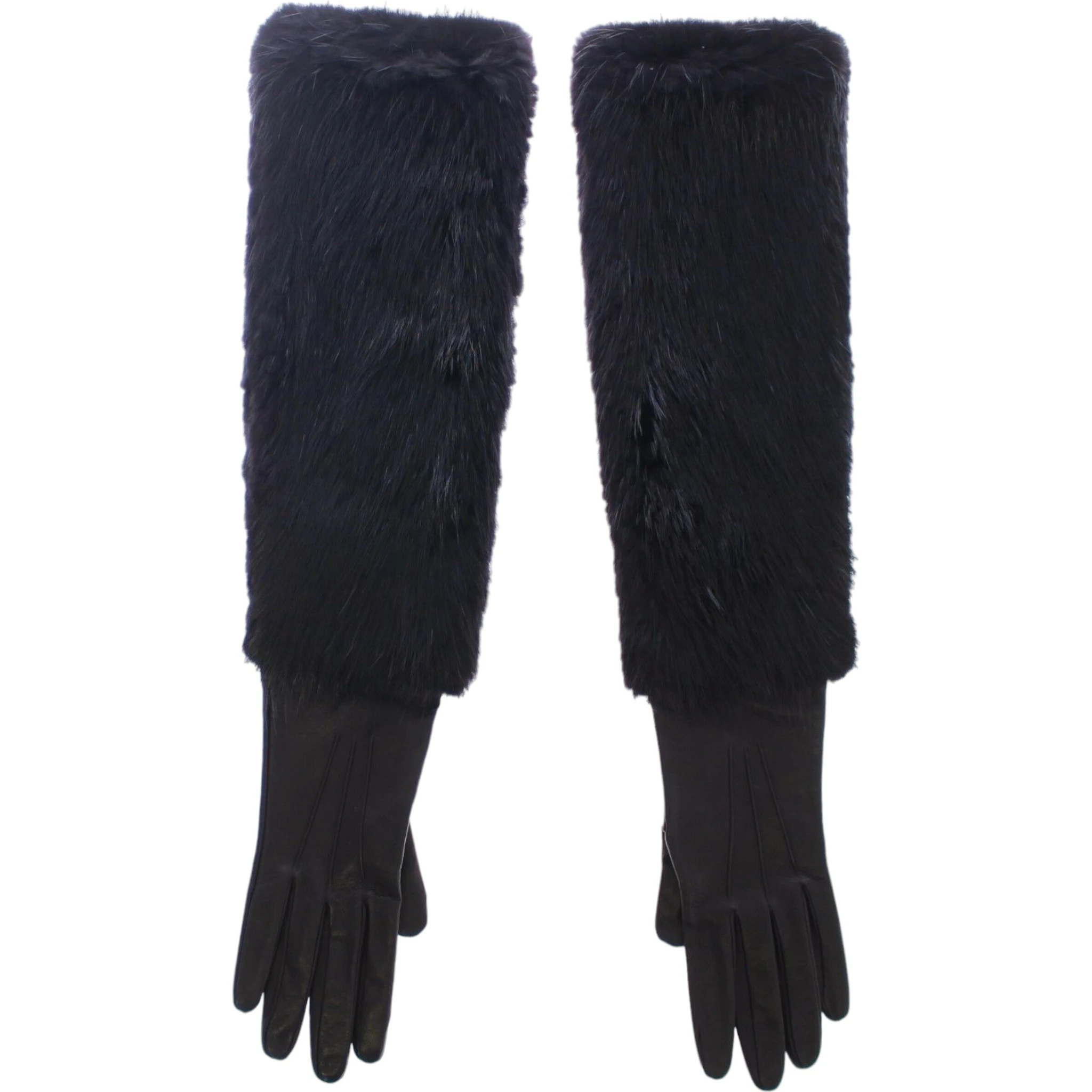 Black Beaver Fur Lambskin Leather Elbow Gloves
