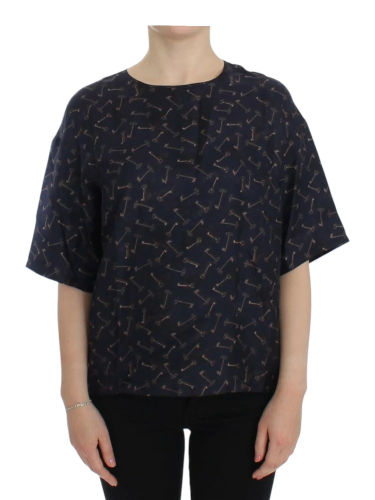 Blue gold key print silk blouse