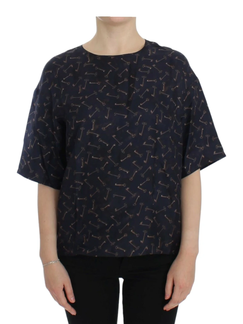 Blue gold key print silk blouse