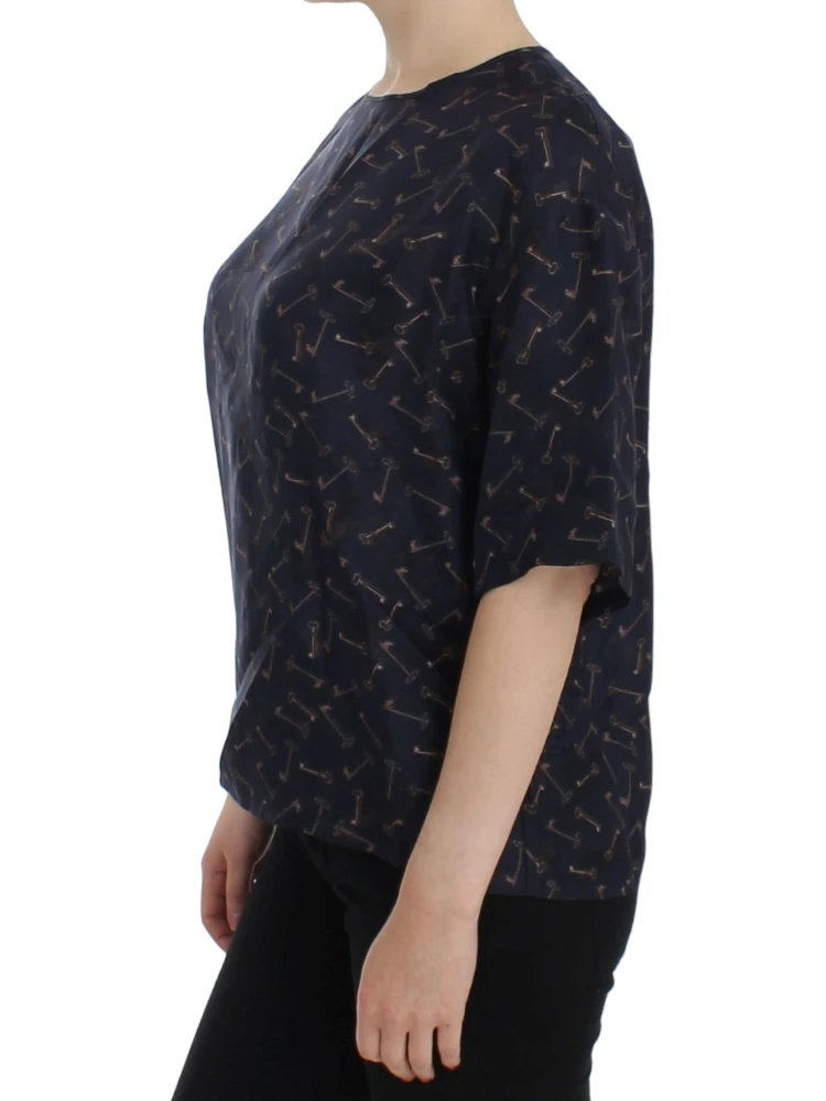 Blue gold key print silk blouse alternative