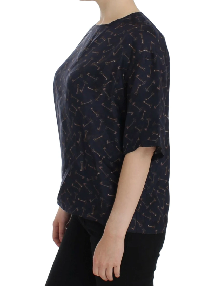 Blue gold key print silk blouse
