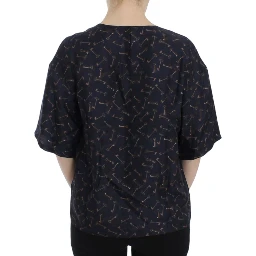 Blue gold key print silk blouse