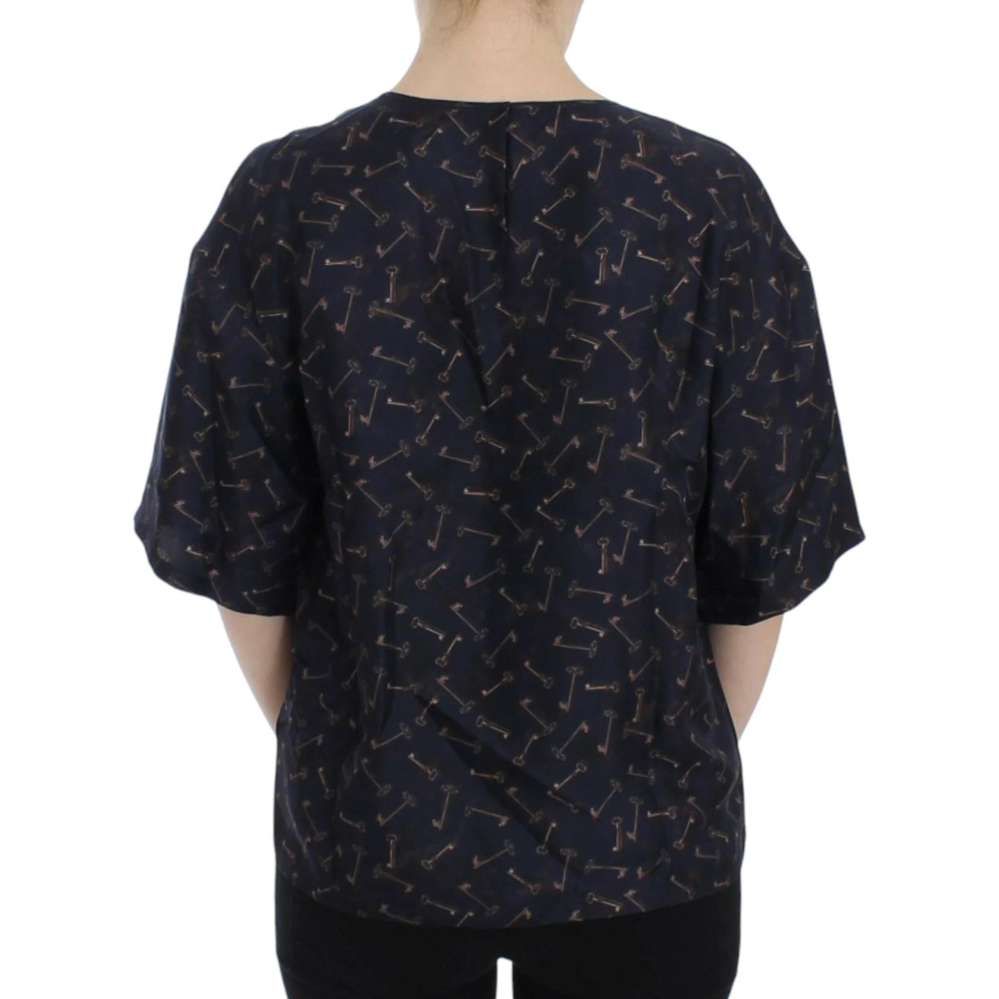 Blue gold key print silk blouse