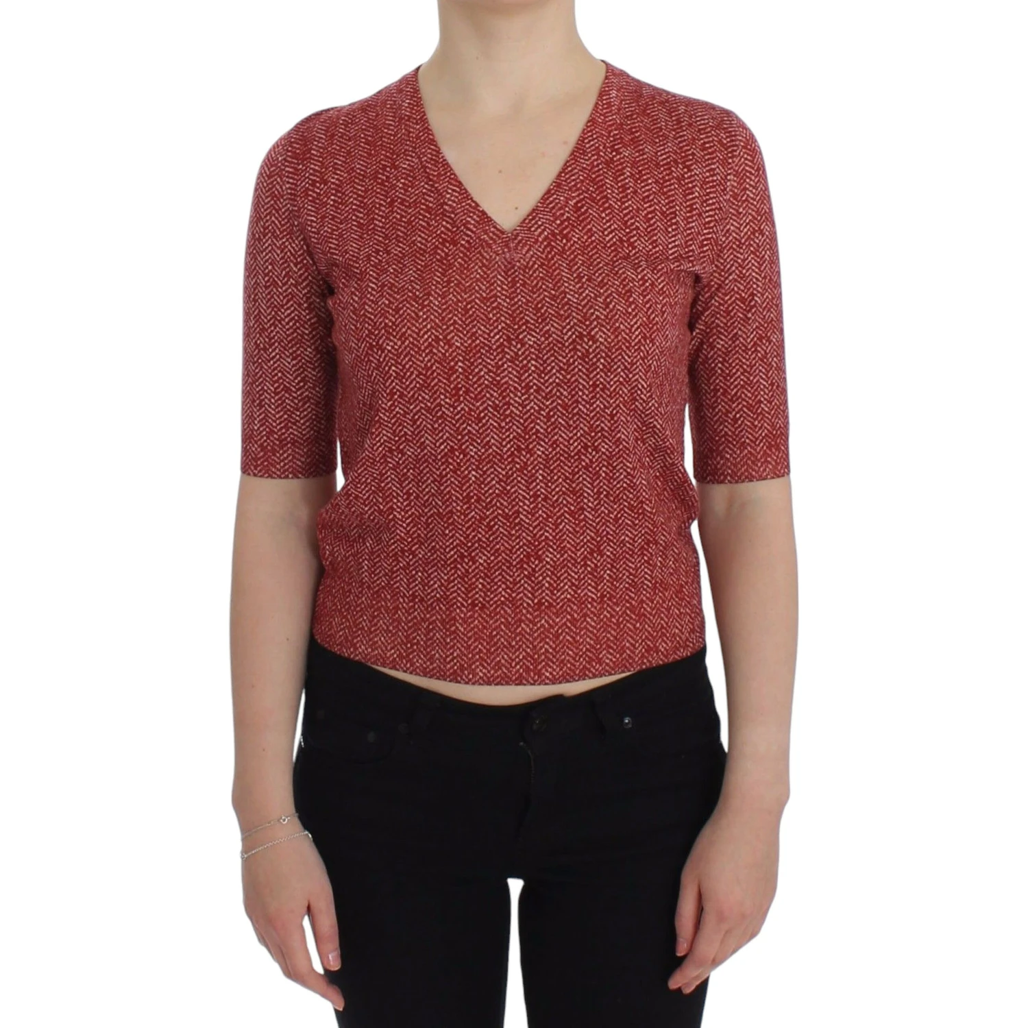 Red Wool Tweed Short Sleeve Sweater Pullover