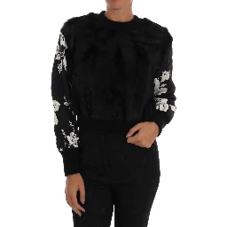 Black Fur Floral Brocade Zipper Sweater