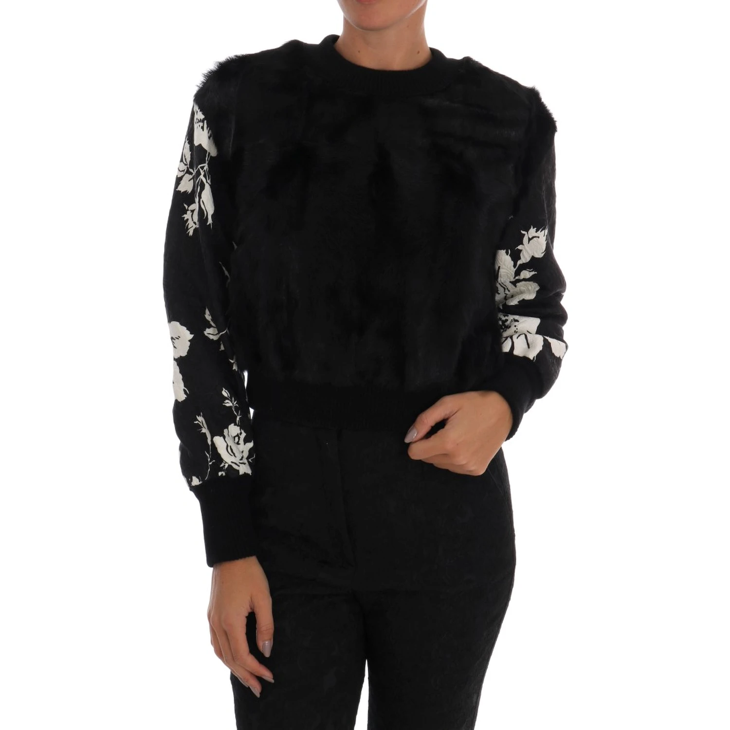 Black Fur Floral Brocade Zipper Sweater