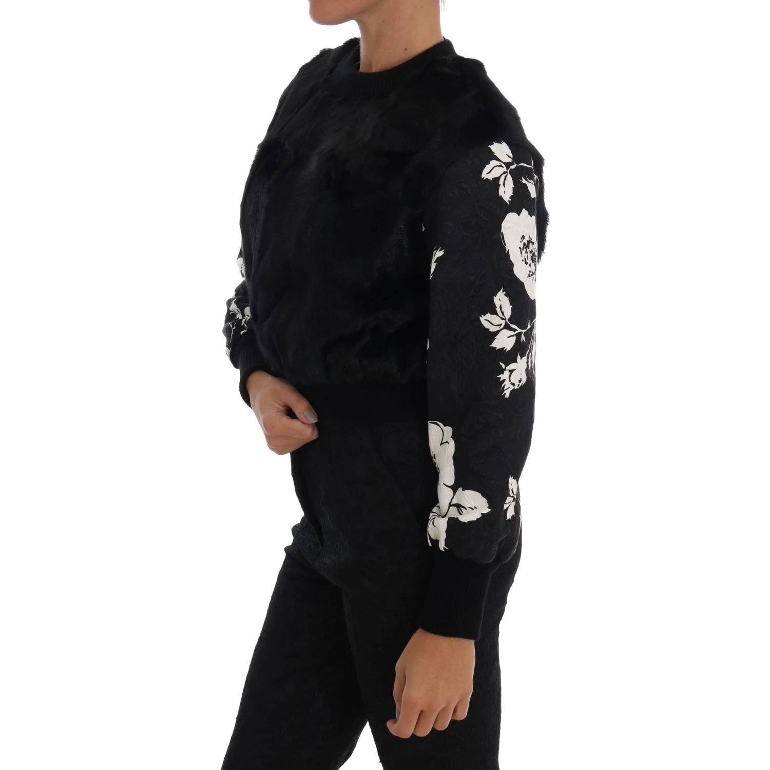 Black Fur Floral Brocade Zipper Sweater